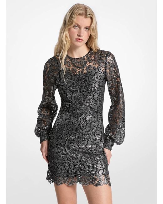 MICHAEL Michael Kors Gray Metallic Lace Long Sleeve Mini Dress