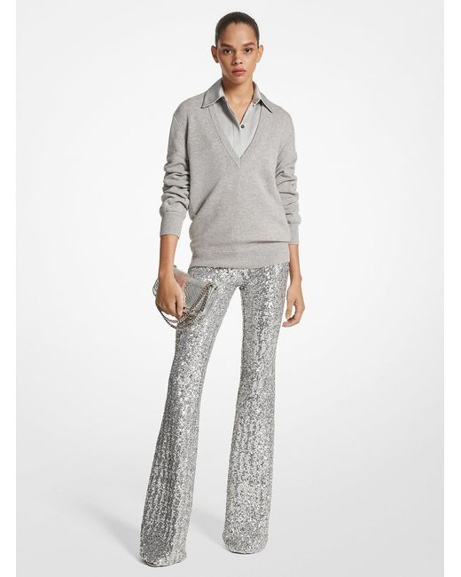 Michael Kors White Mk Sequined Stretch Tulle Flared Trousers