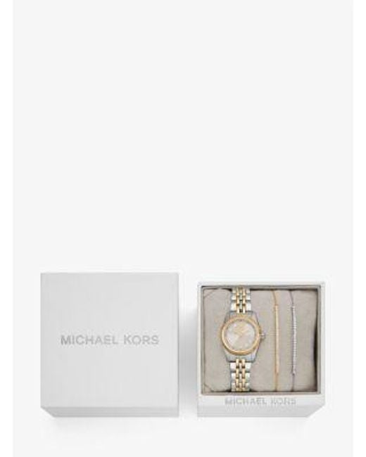 Set regalo bracciale con cursore e orologio Lexington bicolore con pavé di Michael Kors in White