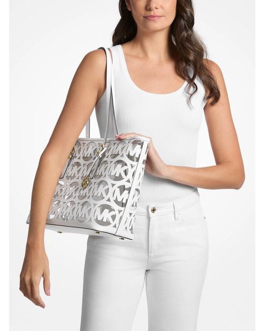 MICHAEL Michael Kors White Mk Quinn Large Laser-Cut Logo Tote Bag