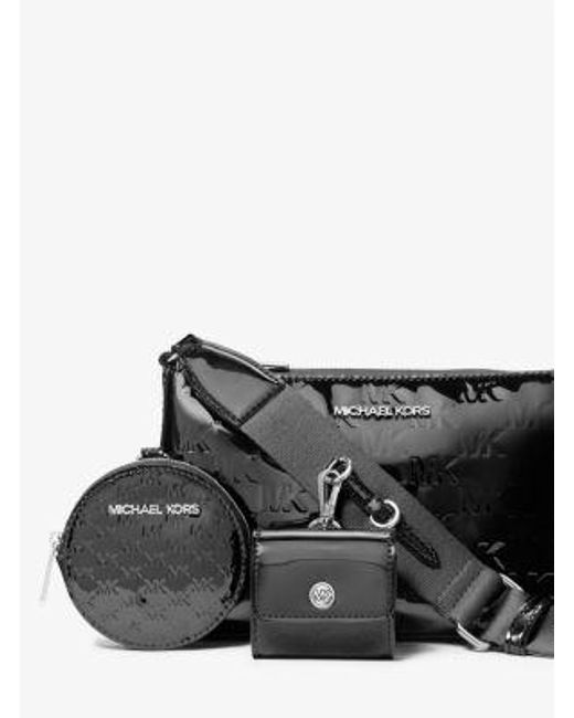 Michael Kors White Jet Set Small Patent Logo Debossed Crossbody Bag With Case For Apple Airpods Pro