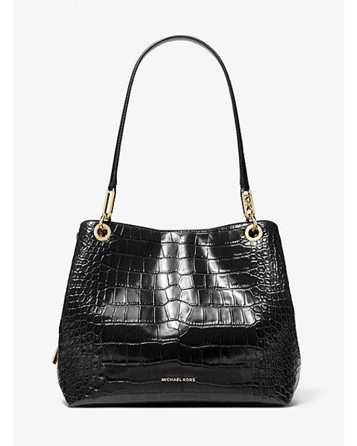 MICHAEL Michael Kors Black Mk Kensington Large Crocodile Embossed Leather Tote Bag