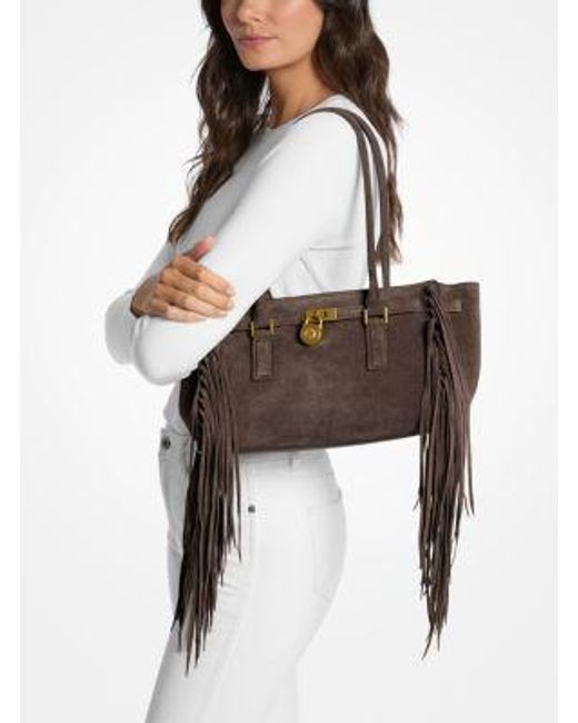 Michael Kors White Hamilton Moderne Small Fringed Suede Satchel