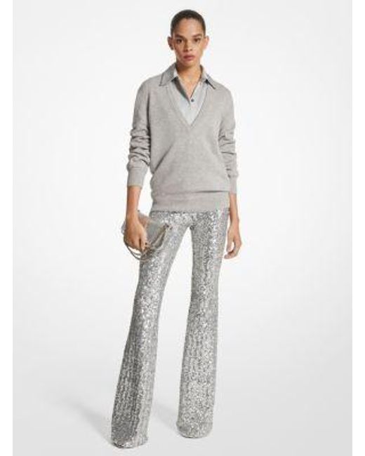 Michael Kors White Mk Sequined Stretch Tulle Flared Trousers