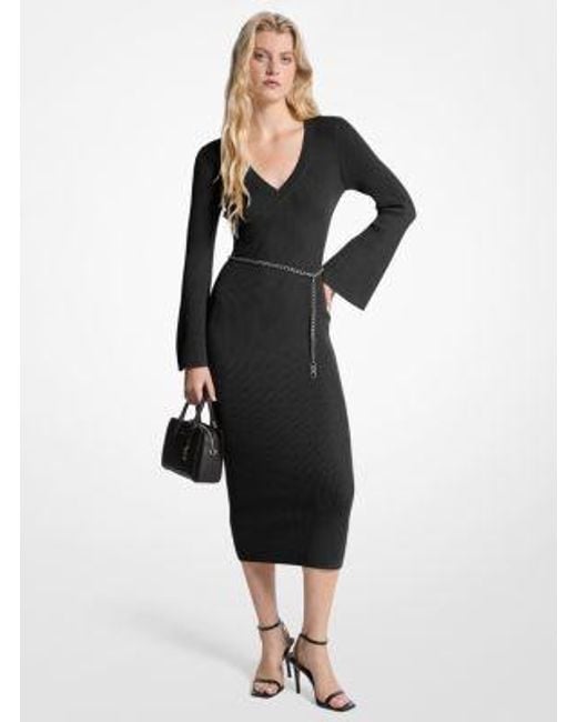 MICHAEL Michael Kors Women's Black Wool Blend Belted Midi Dress