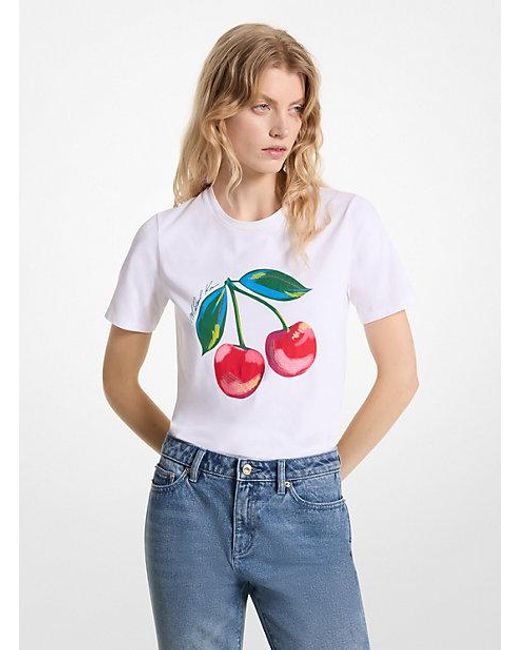 Michael Kors White Sequined Cherry Organic Cotton Jersey T-shirt