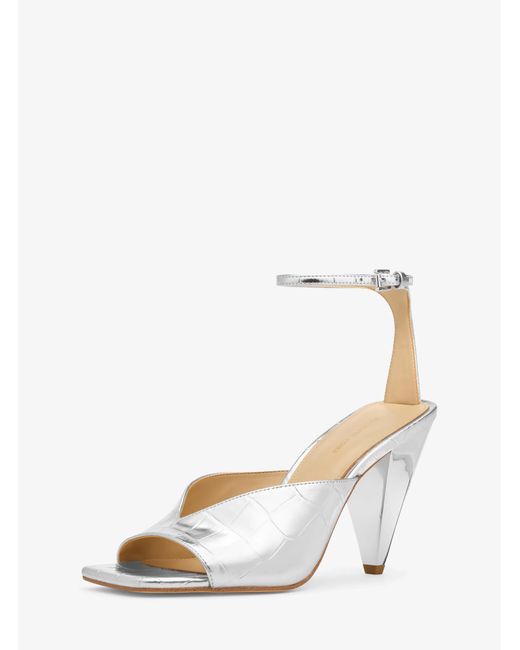 MICHAEL Michael Kors White Mk Electra Metallic Crocodile Embossed Leather Sandal