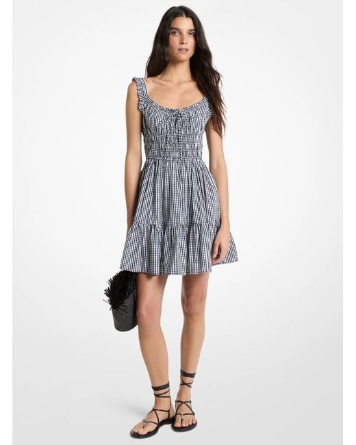 MICHAEL Michael Kors Blue Mk Gingham Smocked Cotton Mini Dress