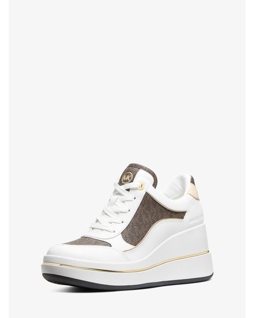 Michael Kors White Mk Emmy Signature Logo And Leather Wedge Trainer