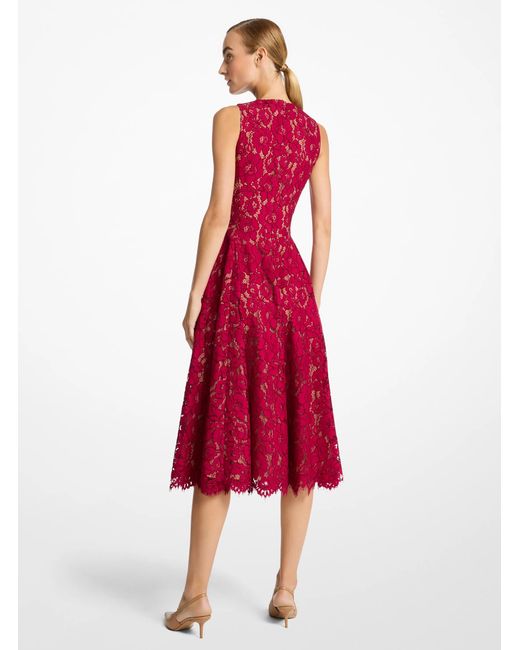 Michael Kors Red Floral Lace Sleeveless Fit & Flare Midi Dress