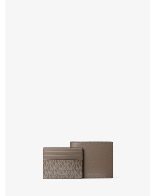 Michael Kors Outlet Gray Mk Pebbled Leather Billfold Wallet And Signature Logo Card Case Gift Set for men