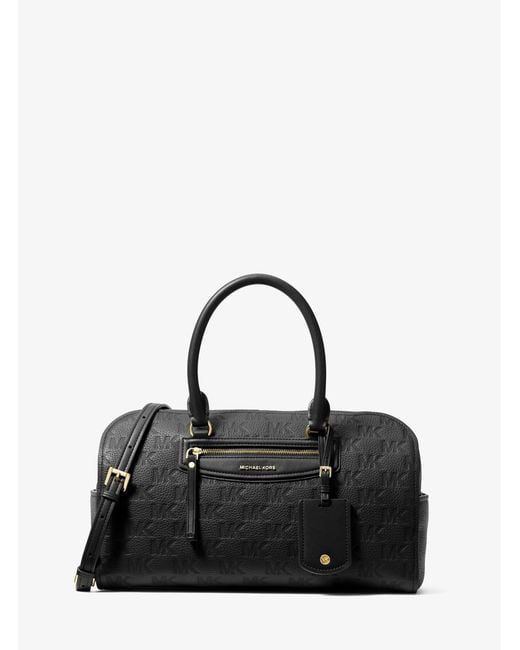MICHAEL Michael Kors Black Mk Jet Set Travel Medium Logo Embossed Leather Duffel Crossbody Bag
