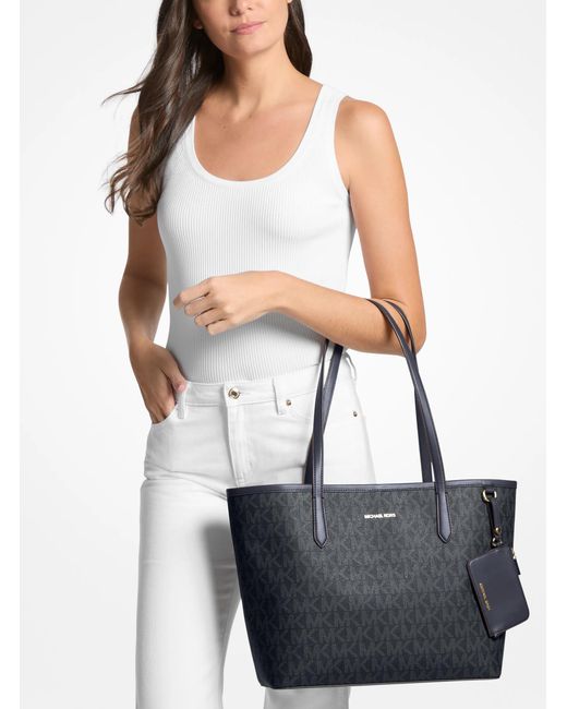 Michael Kors Outlet Blue Mk Jet Set Large Signature Logo Tote Bag
