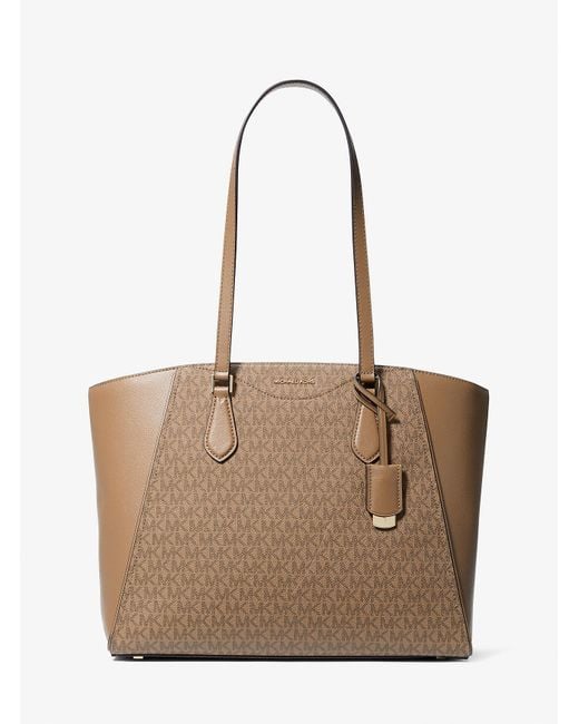Michael Kors Natural Taryn Large Signature Logo And Leather Tote Bag