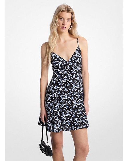 Michael Kors Studded Floral Print Crepe Mini Dress in Blue Lyst