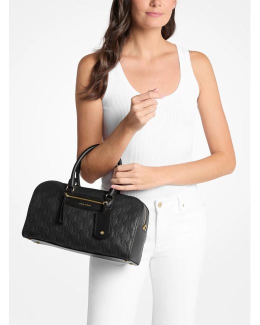 MICHAEL Michael Kors Black Mk Jet Set Travel Medium Logo Embossed Leather Duffel Crossbody Bag