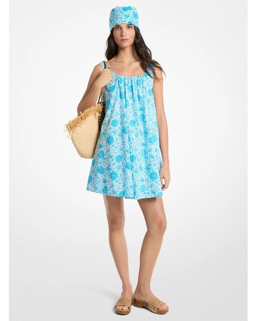 Michael Kors Blue Mk Floral Print Cotton Poplin Mini Dress
