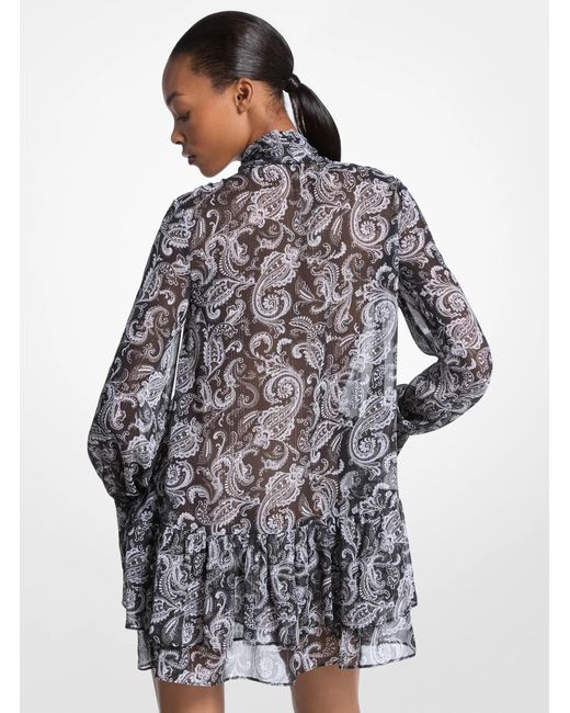 MICHAEL Michael Kors Gray Metallic Paisley Georgette Tie-Neck Dress