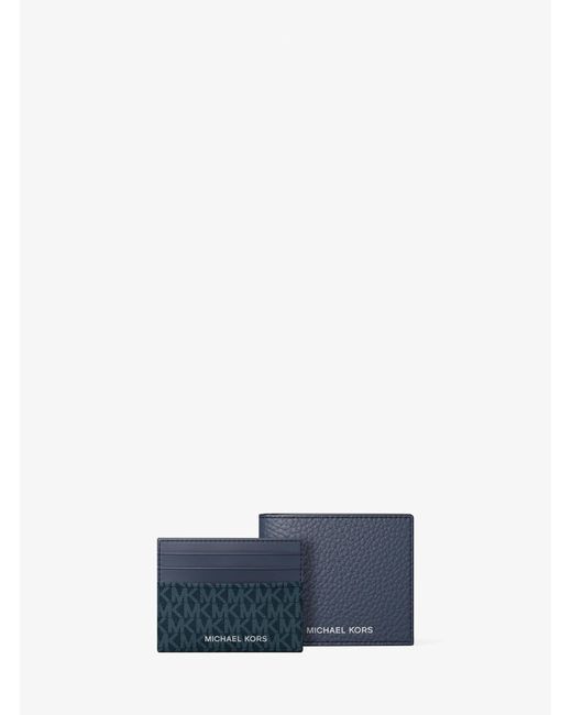 Michael Kors Outlet Blue Mk Pebbled Leather Billfold Wallet And Signature Logo Card Case Gift Set for men
