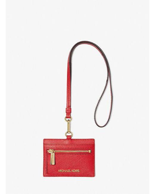 Michael Kors Red Jet Set Travel Saffiano Leather Card Case Lanyard