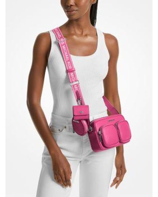 Michael Kors Pink Jet Set Leather Medium Crossbody Bag With Case For Apple Airpods Pro