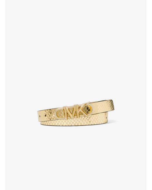 Michael Kors White Reversible Empire Signature Logo And Metallic Snake Embossed Belt