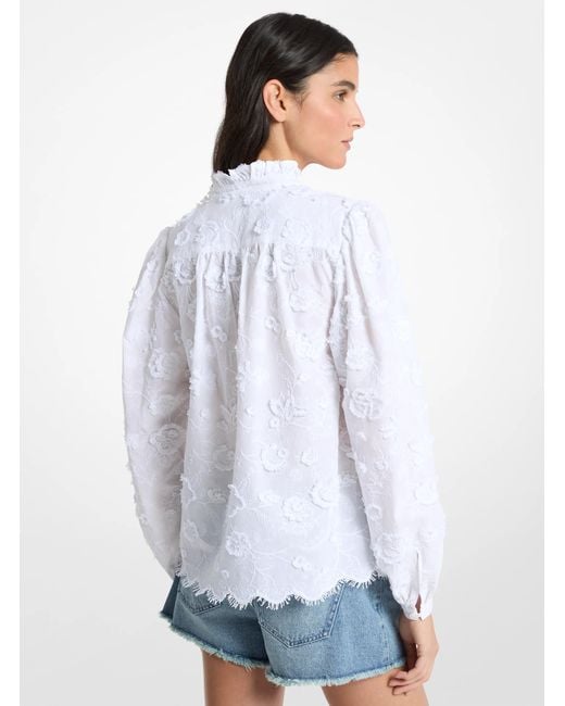 Michael Kors Blue Floral Embroidered Cotton Voile Blouse