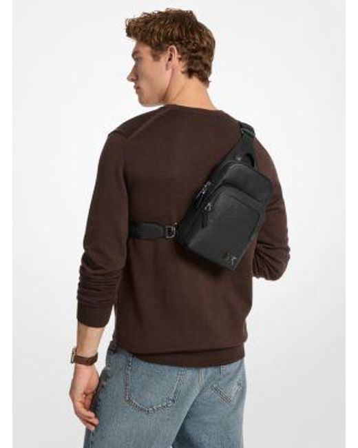 Michael Kors Black Edison Scratch-Resistant Crossgrain Leather Sling Pack for men