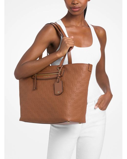 MICHAEL Michael Kors Brown Mk Jet Set Travel Extra-Large Logo Embossed Leather Tote Bag