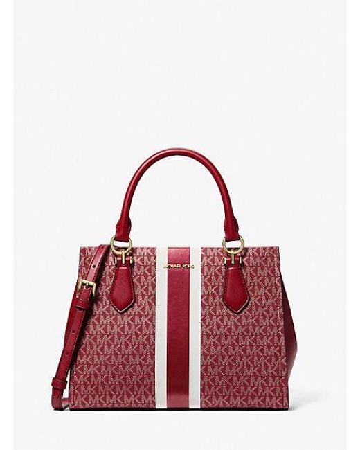 Michael Kors Red Marilyn Medium Signature Logo Stripe Satchel