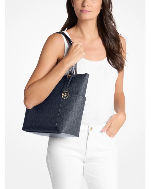 Michael Kors Outlet Blue Mk Charlotte Medium Signature Logo Top-Zip Tote Bag