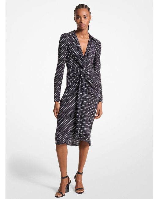 Michael Kors Blue Mk Polka Dot Organic Silk Crepe De Chine Gathered Shirtdress