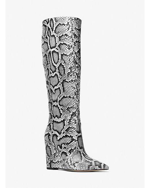 Michael Kors White Mk Isra Snake Embossed Leather Wedge Boot
