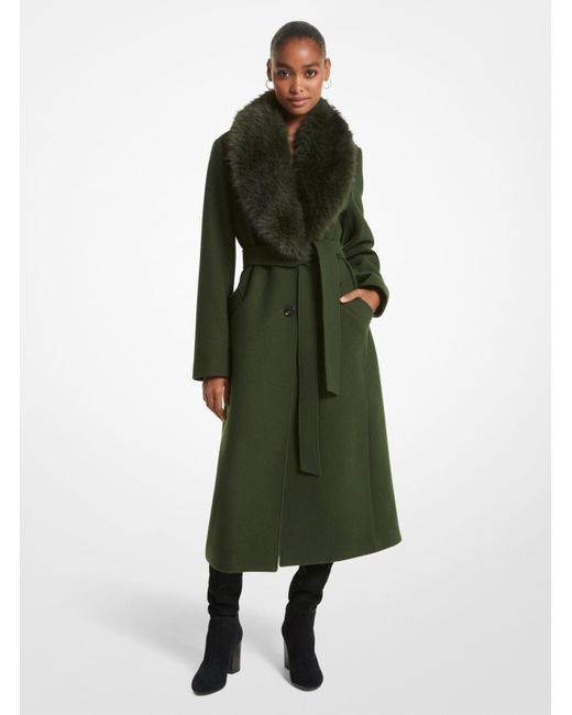 Michael Kors Green Mk Faux Fur Trim Wool Blend Coat