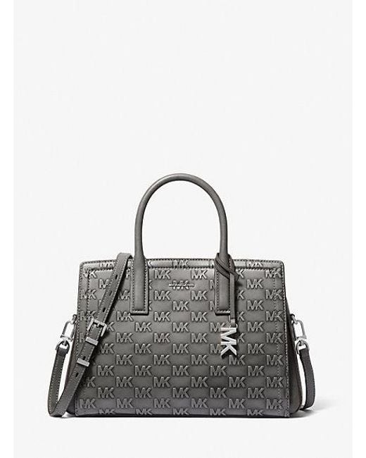 Michael Kors Gray Laila Medium Logo Embossed Burnished Leather Satchel