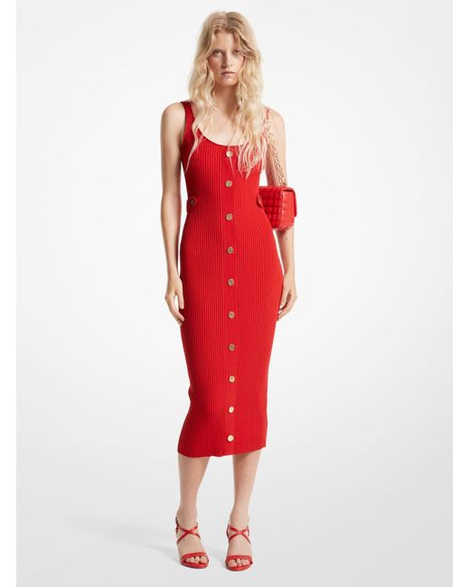 Michael Kors Red Ribbed Stretch Knit Midi Dress