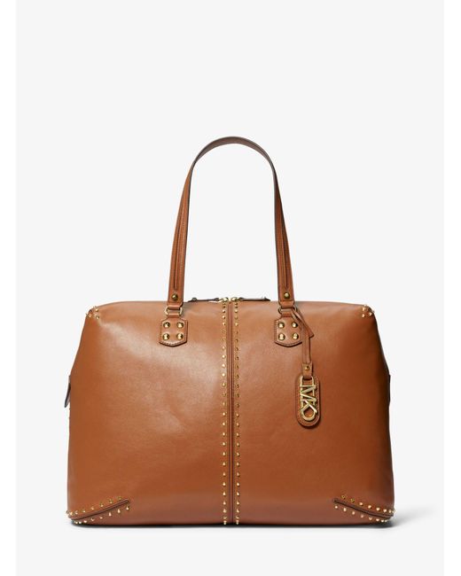 Michael kors astor extra large studded leather weekender bag in brown