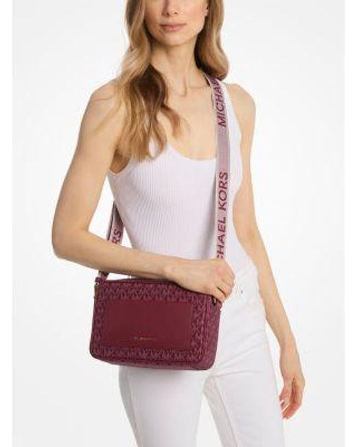 Michael Kors Purple Jet Set Large Signature Logo Print Woven Crossbody Bag