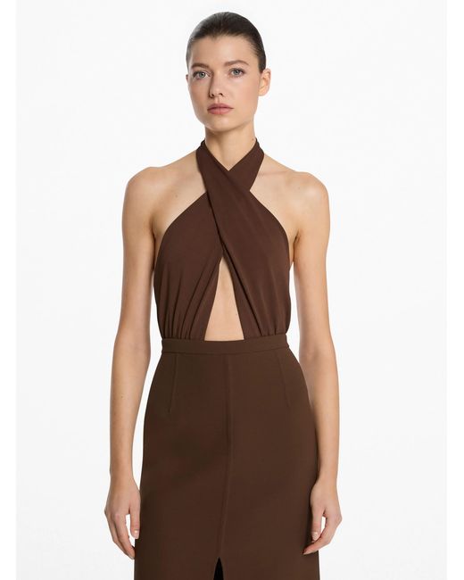 Michael Kors Brown Mk Stretch Matte Jersey Halter Bodysuit