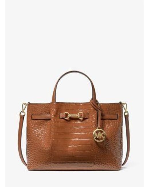 Michael Kors Brown Carson Medium Crocodile Embossed Satchel