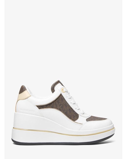 Michael Kors White Mk Emmy Signature Logo And Leather Wedge Trainer
