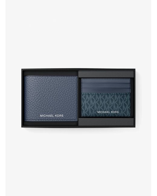 Michael Kors Outlet Blue Mk Pebbled Leather Billfold Wallet And Signature Logo Card Case Gift Set for men