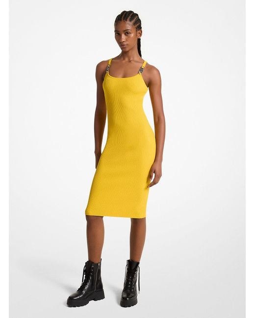 MICHAEL Michael Kors Mk Ribbed Stretch Knit Midi Tank Dress in Yellow |  Lyst UK