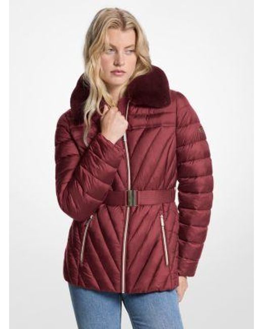 MICHAEL Michael Kors Red Faux Fur Trim Packable Nylon Puffer Jacket