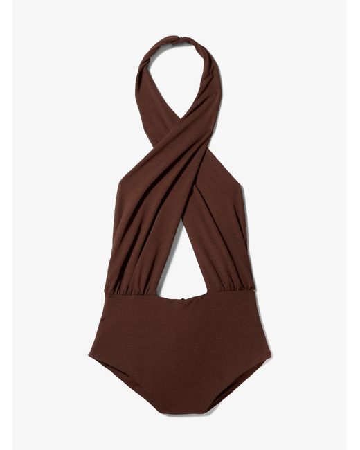 Michael Kors Brown Mk Stretch Matte Jersey Halter Bodysuit