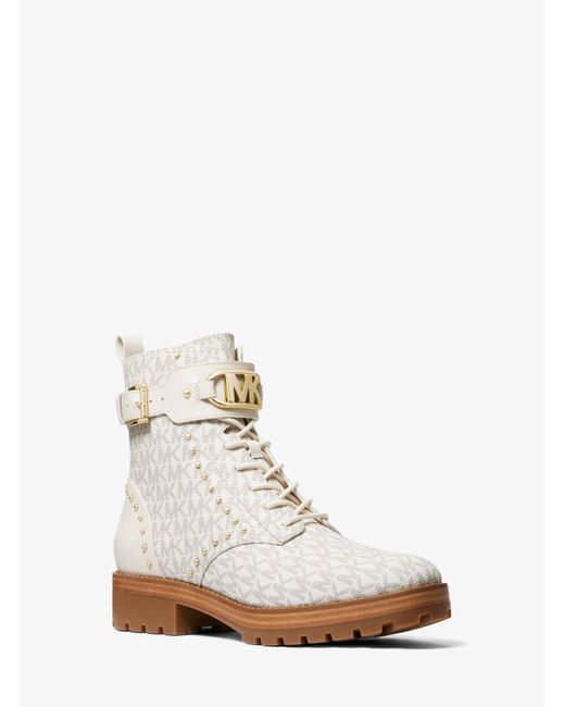 Michael Kors Leather Kincaid Logo Studded Combat Boot in White | Lyst ...