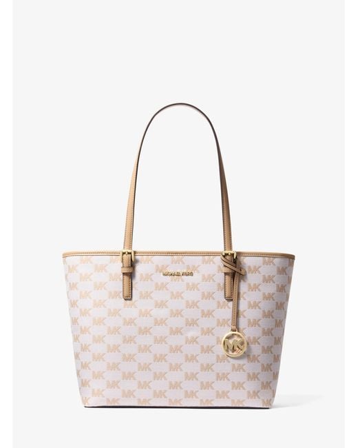 Michael Kors Outlet Natural Mk Jet Set Medium Logo Jacquard Tote Bag