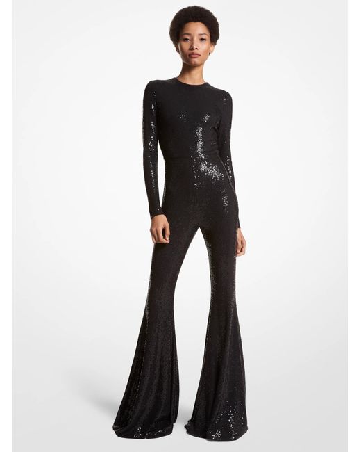 Michael Kors Black Mk Hand-Embroidered Sequin Stretch Jersey Flared Jumpsuit