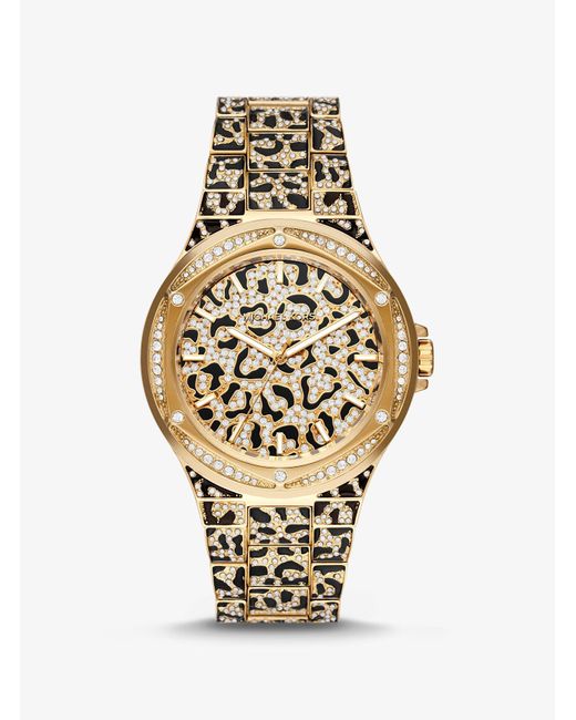 Montre Lennox dorée surdimensionnée à pierres pavées et imprimé animal Michael Kors en coloris Metallic