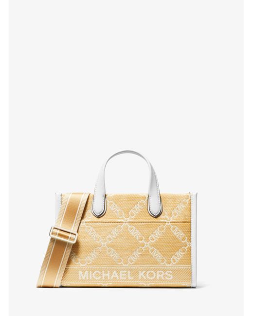 MICHAEL Michael Kors Natural Mk Gigi Small Empire Logo Jacquard Straw Small Tote Bag
